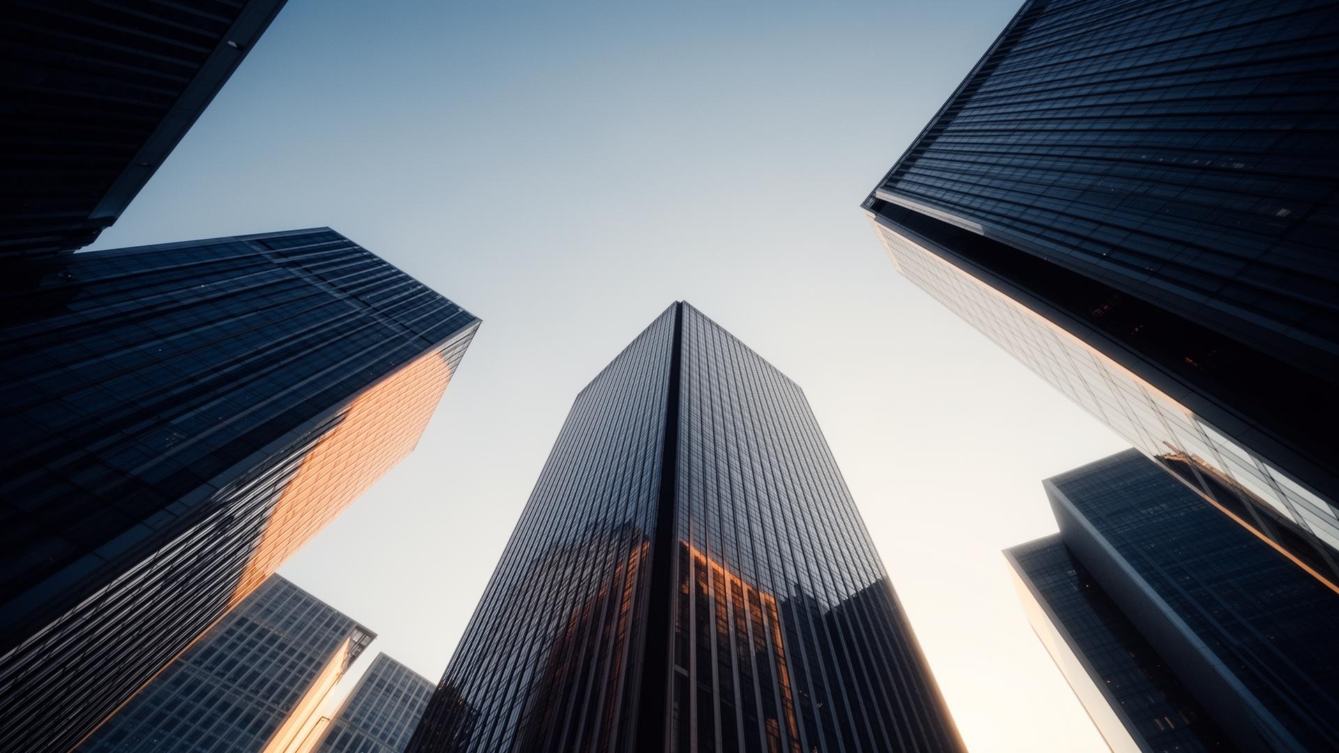 Skyscrapers seen from below, symbolizing growth and stability